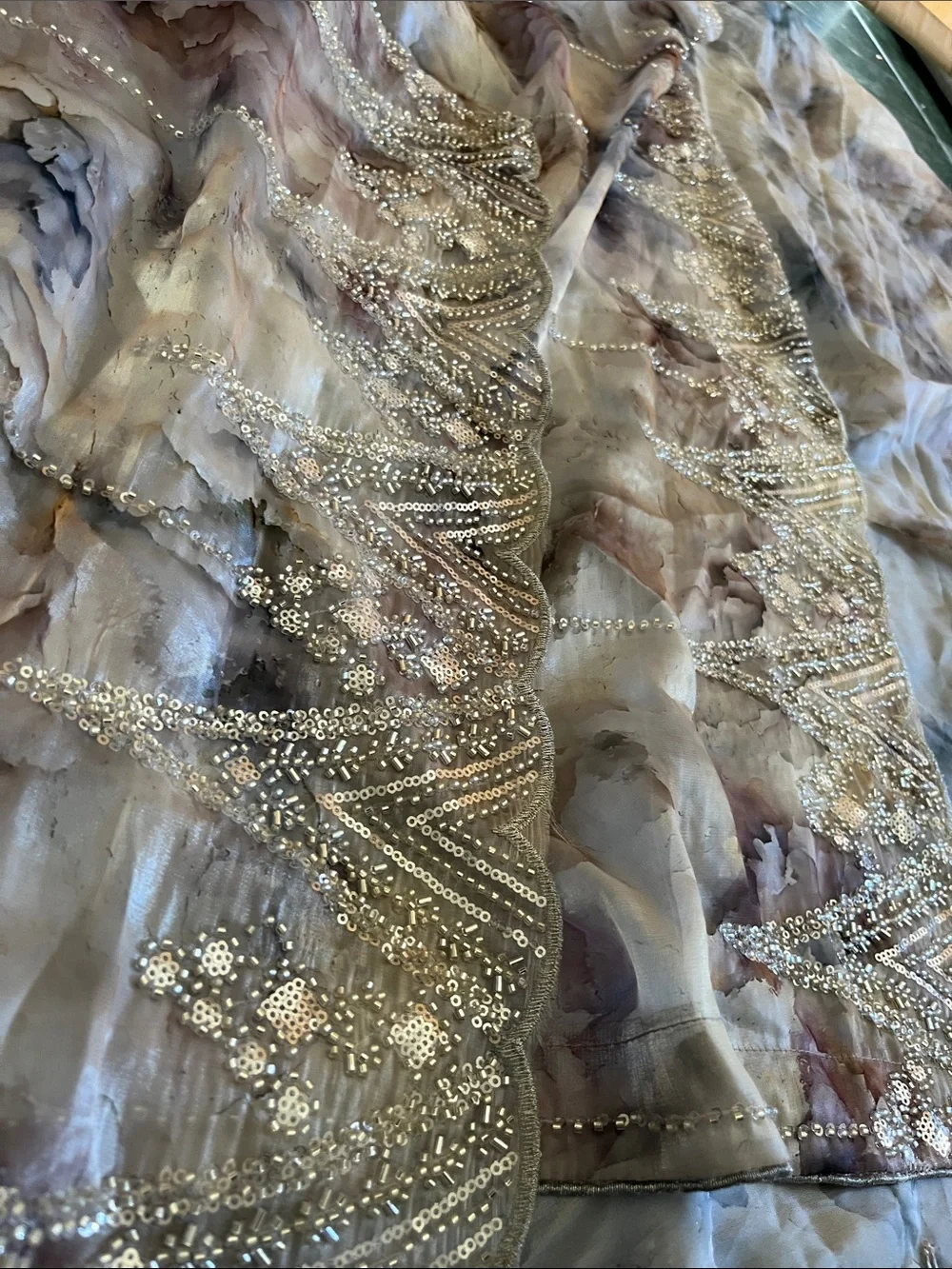 Unique Vintage Sheer Floral Scarf Wrap in Light Gray and Silver